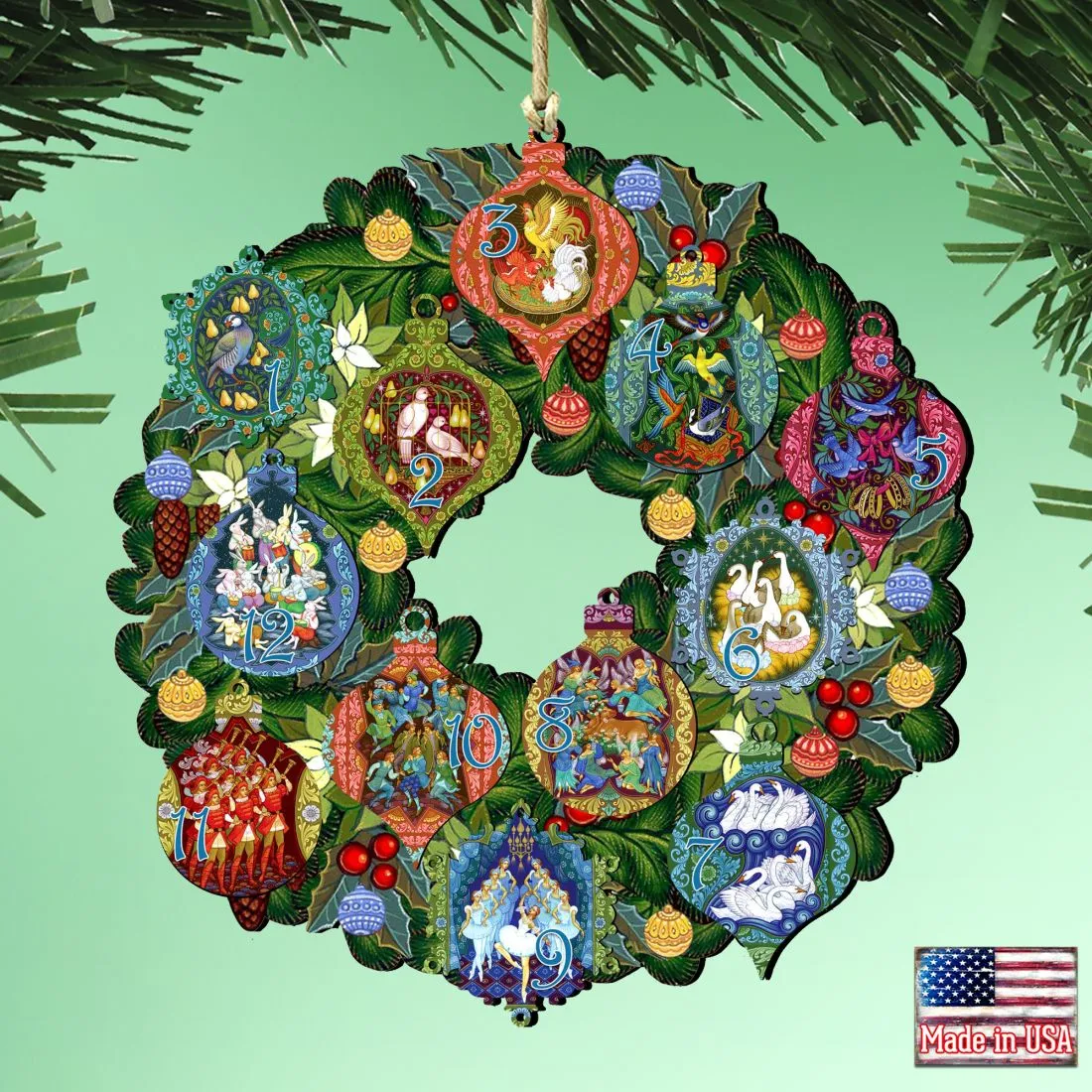 12 Days of Christmas Wreath Wooden Ornaments by G DeBrekht - Christmas Decor - 8185313