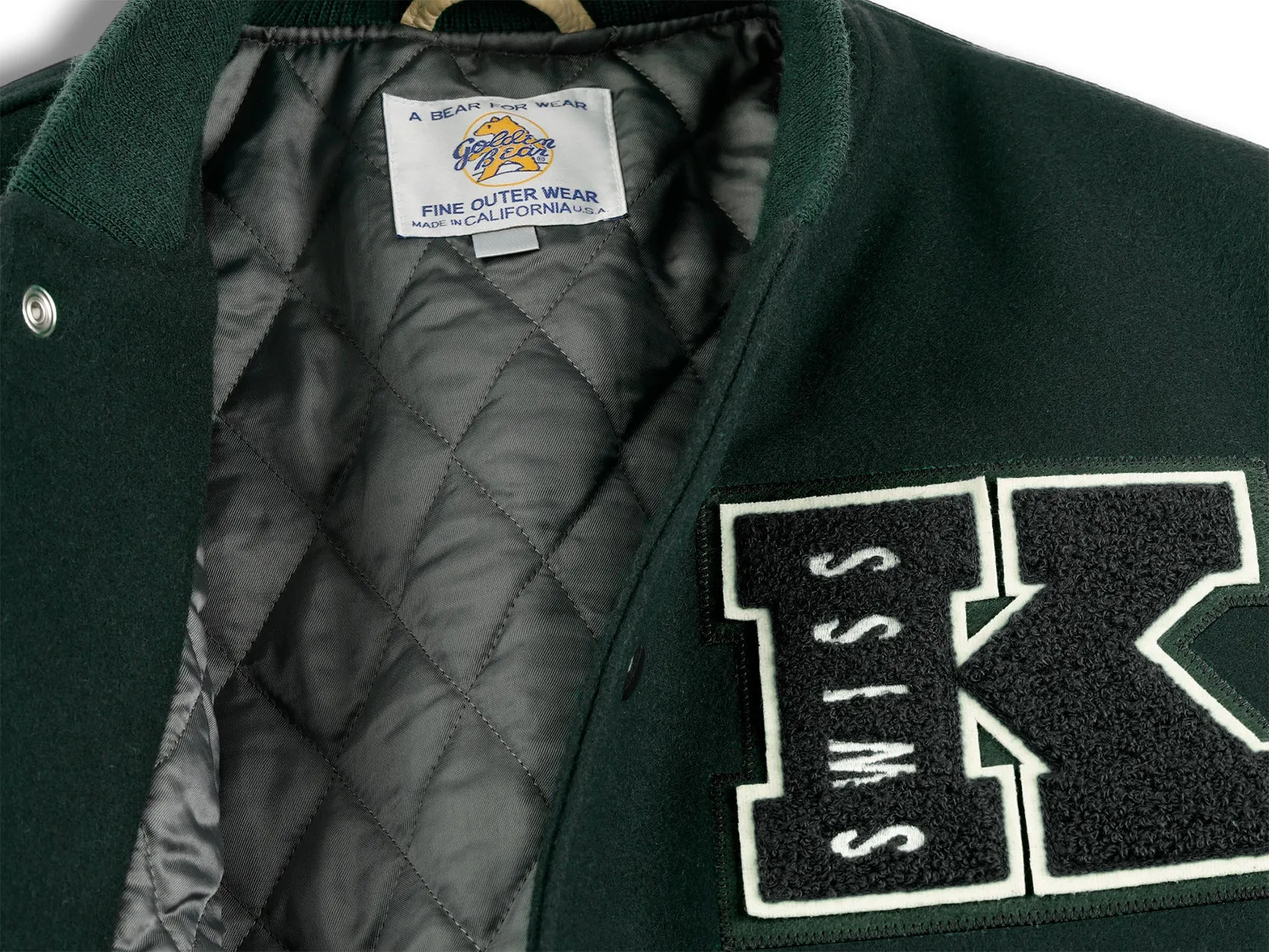 175773-350 | K SWISS X GOLDENBEAR VARSITY JACKET | EMERALD/CREAM