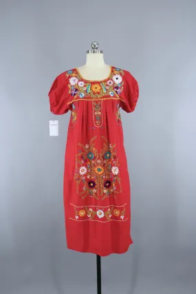 1970s Vintage Red Mexican Oaxacan Embroidered Huipil Caftan Dress