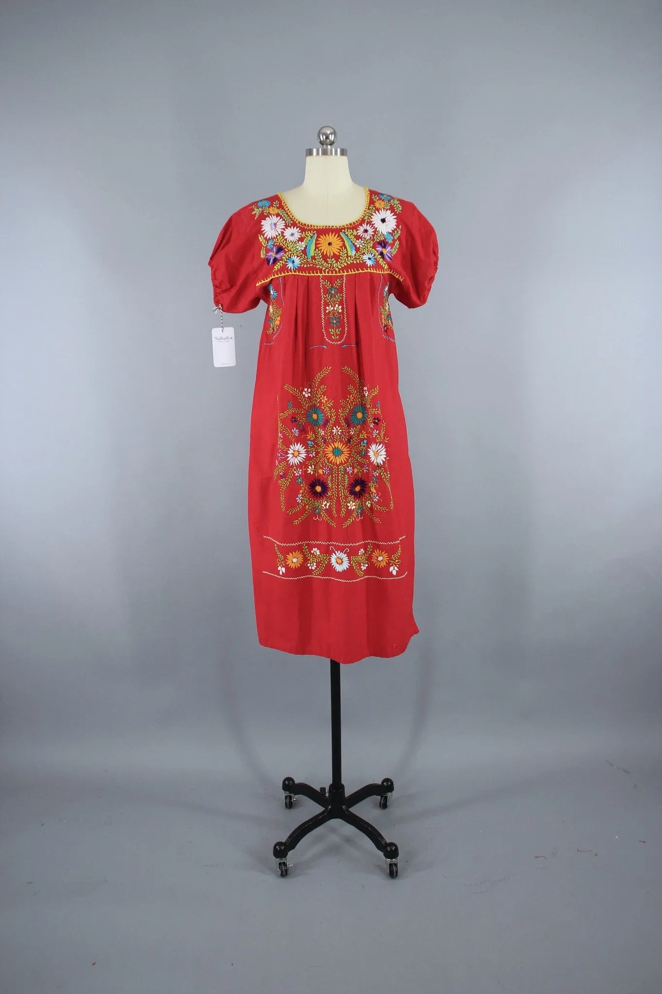 1970s Vintage Red Mexican Oaxacan Embroidered Huipil Caftan Dress