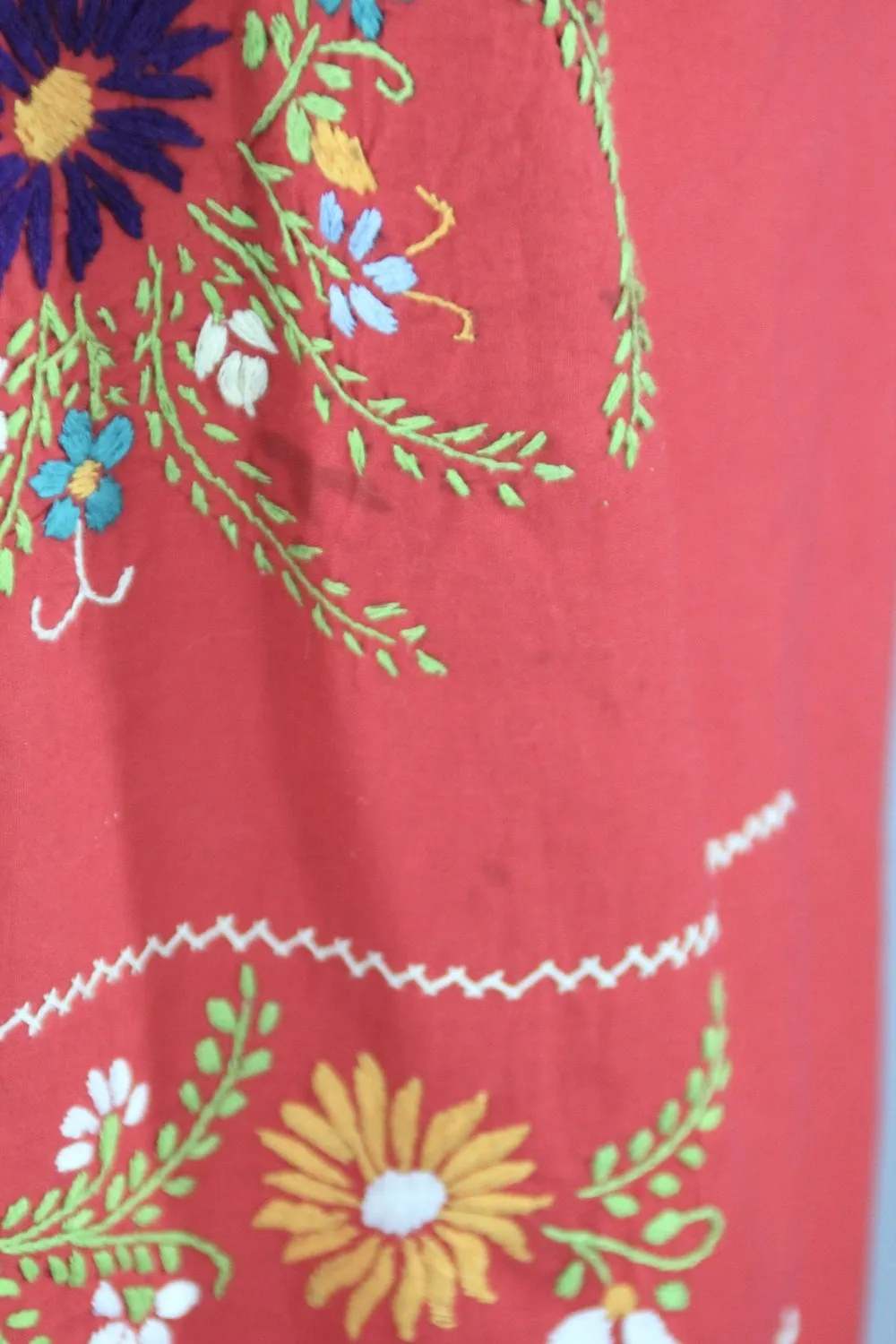 1970s Vintage Red Mexican Oaxacan Embroidered Huipil Caftan Dress