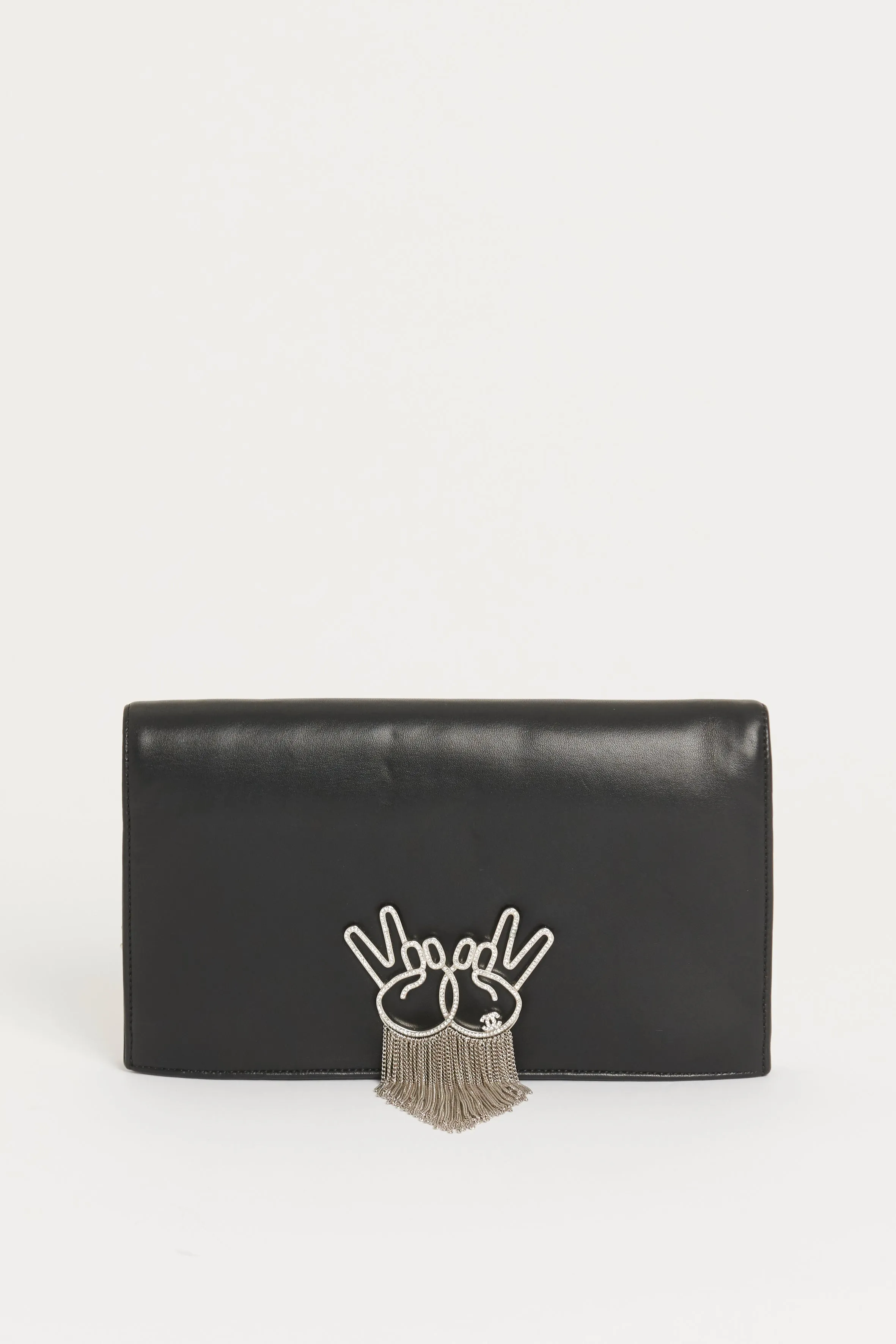 2016/17 Black Leather Preowned Clutch With Peace Emoji Fringed Detail