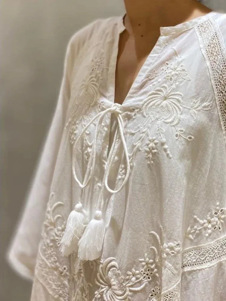 2024 Elegant Embroidered White Lace V-Neck Boho Dress