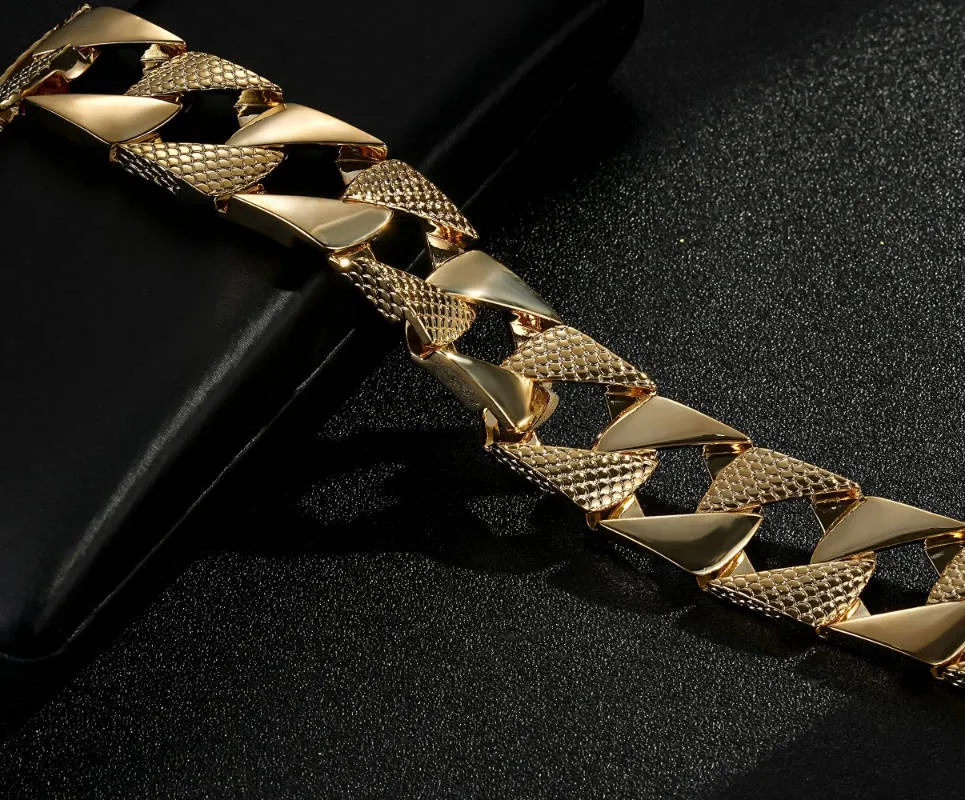 22mm Gold Filled Snake Patterned Chaps Cuban Bracelet 8 Inch