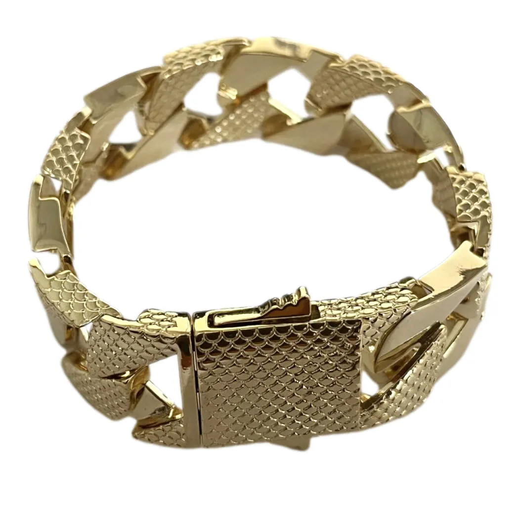 22mm Gold Filled Snake Patterned Chaps Cuban Bracelet 8 Inch