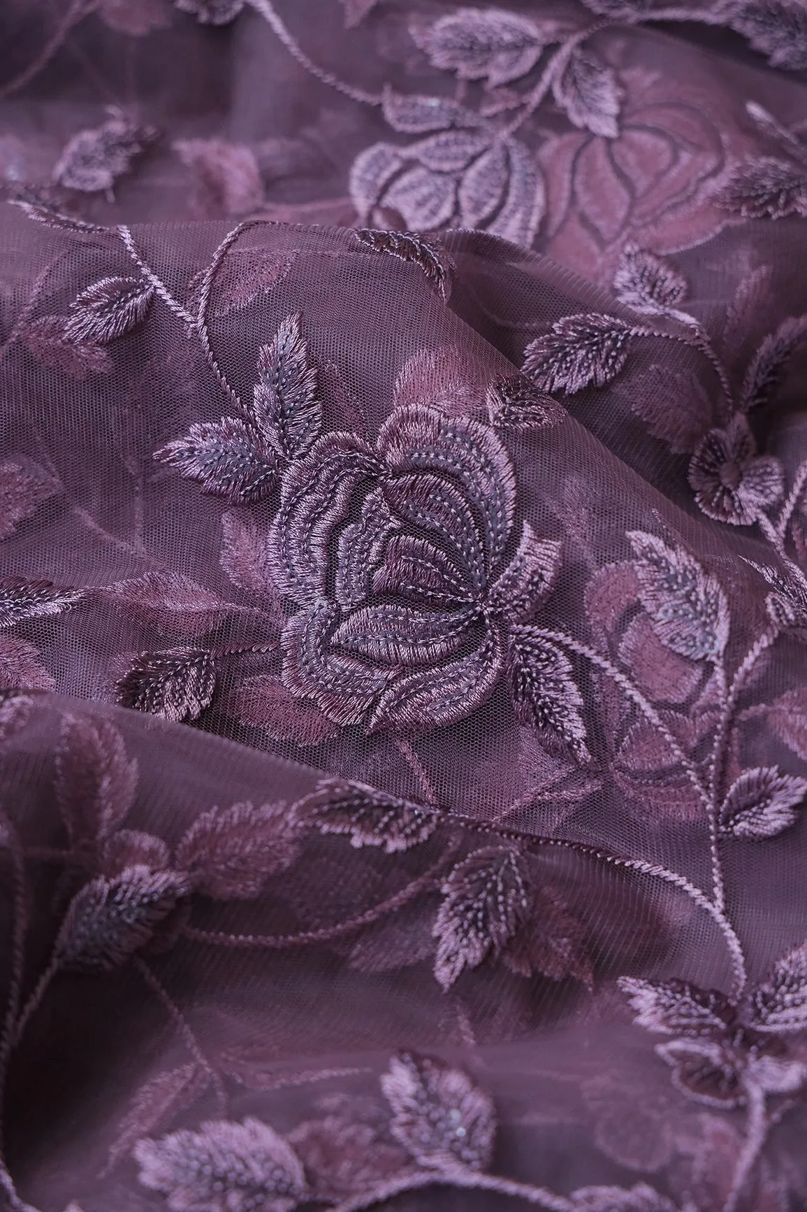 3 Meter Cut Piece Of Purple Thread With Sequins Floral Embroidery On Viola Purple  Soft Net Fabric