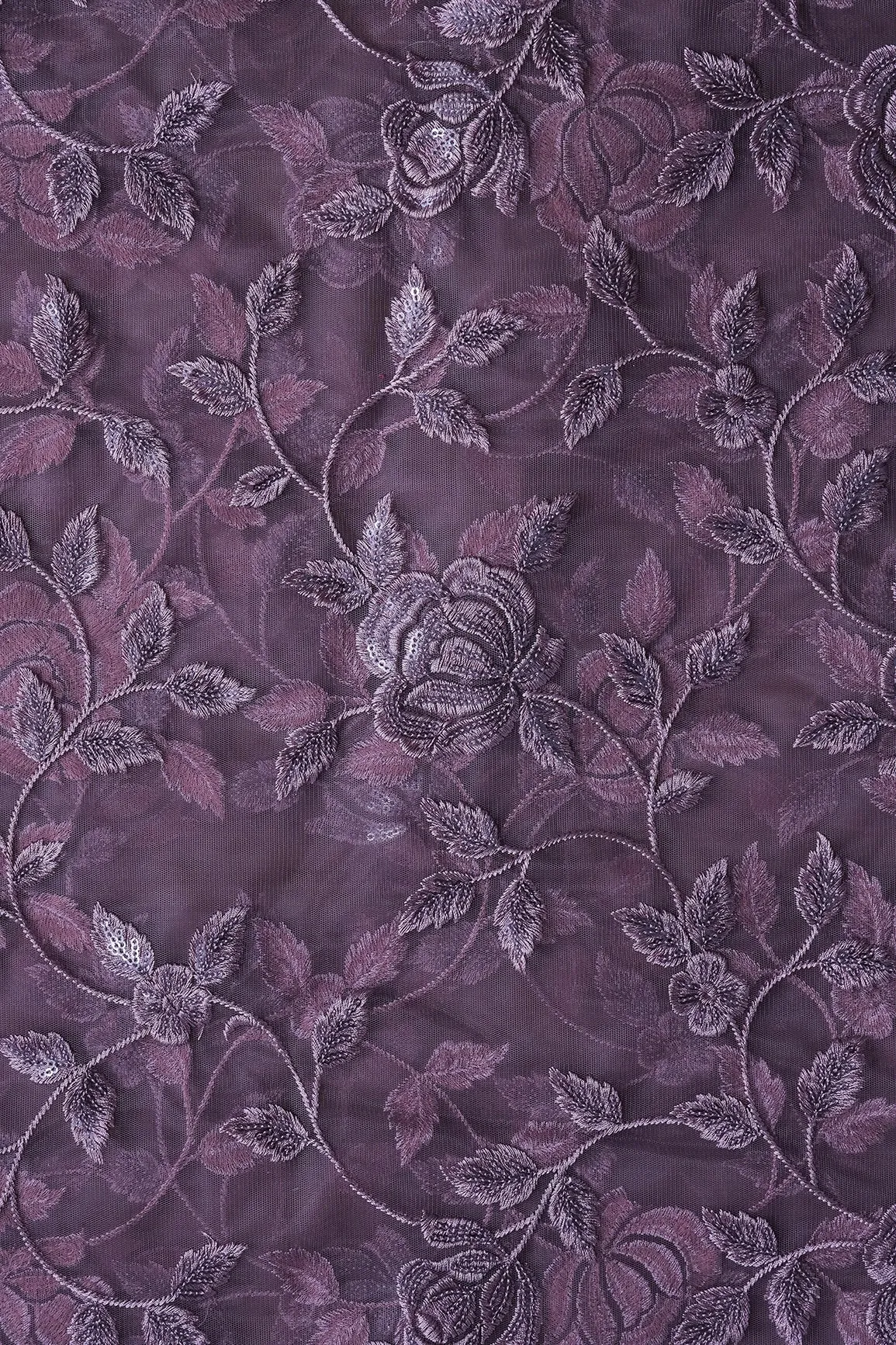 3 Meter Cut Piece Of Purple Thread With Sequins Floral Embroidery On Viola Purple  Soft Net Fabric