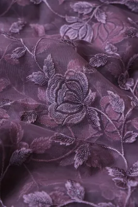 3 Meter Cut Piece Of Purple Thread With Sequins Floral Embroidery On Viola Purple  Soft Net Fabric