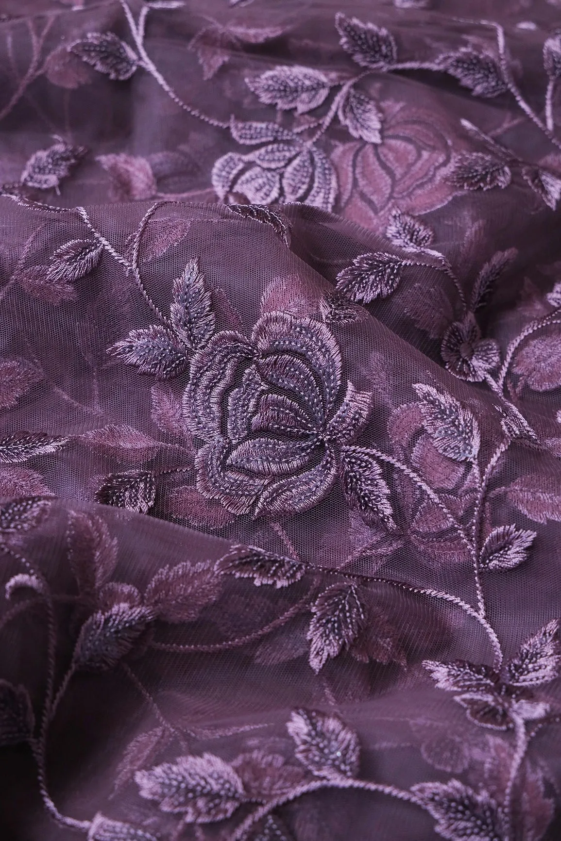 3 Meter Cut Piece Of Purple Thread With Sequins Floral Embroidery On Viola Purple  Soft Net Fabric