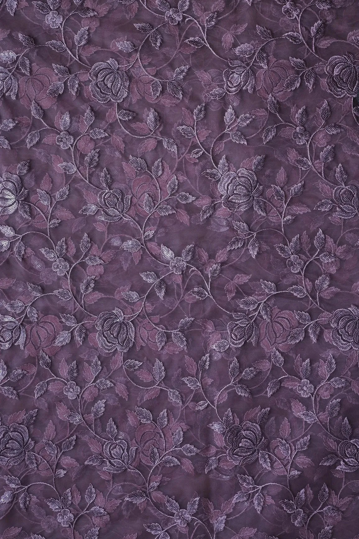 3 Meter Cut Piece Of Purple Thread With Sequins Floral Embroidery On Viola Purple  Soft Net Fabric