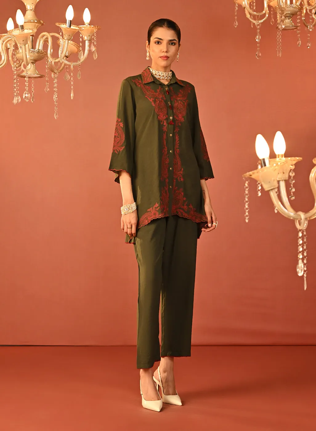 Alishay Army Green Embroidered Rayon Co-ord Set for Women