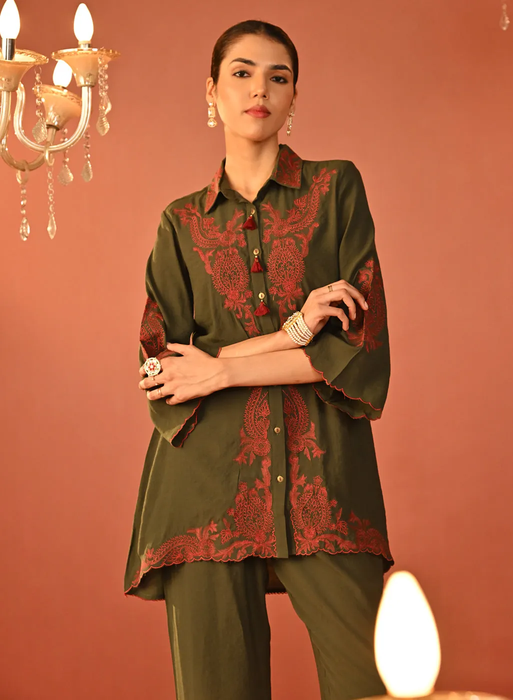 Alishay Army Green Embroidered Rayon Co-ord Set for Women