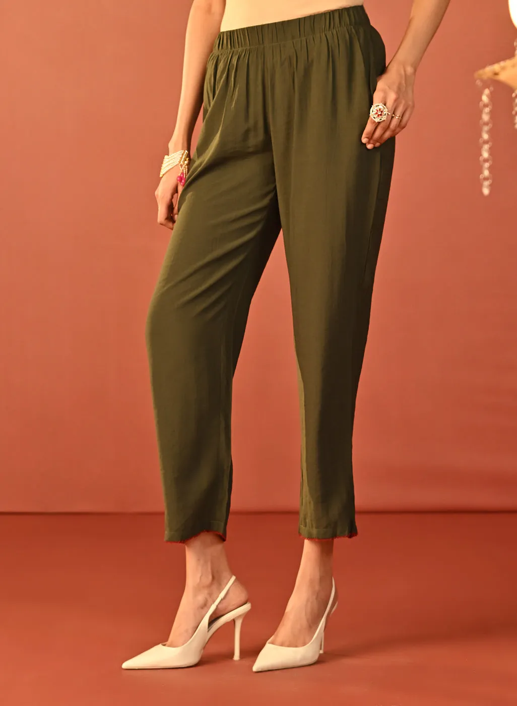 Alishay Army Green Embroidered Rayon Co-ord Set for Women