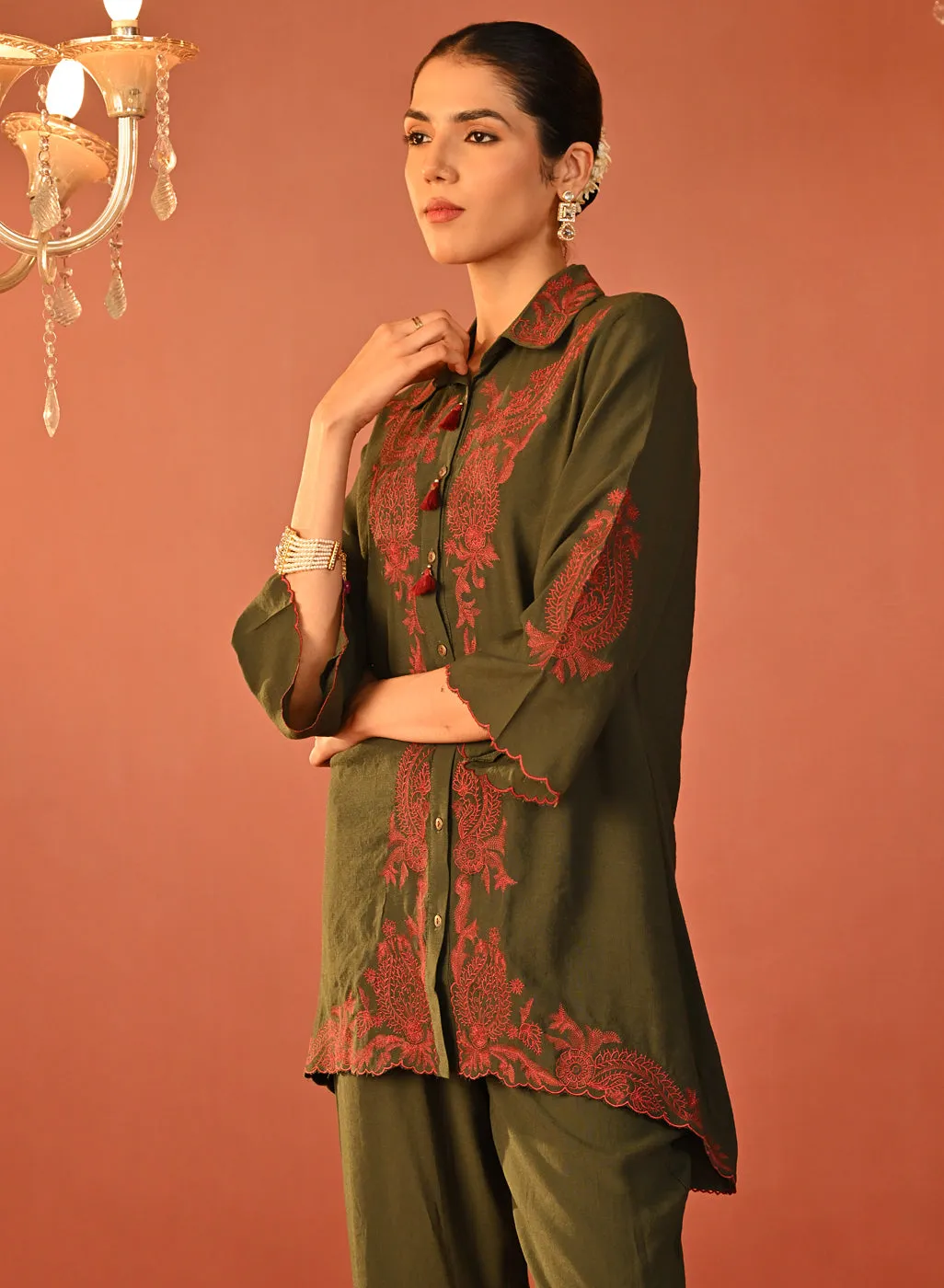 Alishay Army Green Embroidered Rayon Co-ord Set for Women