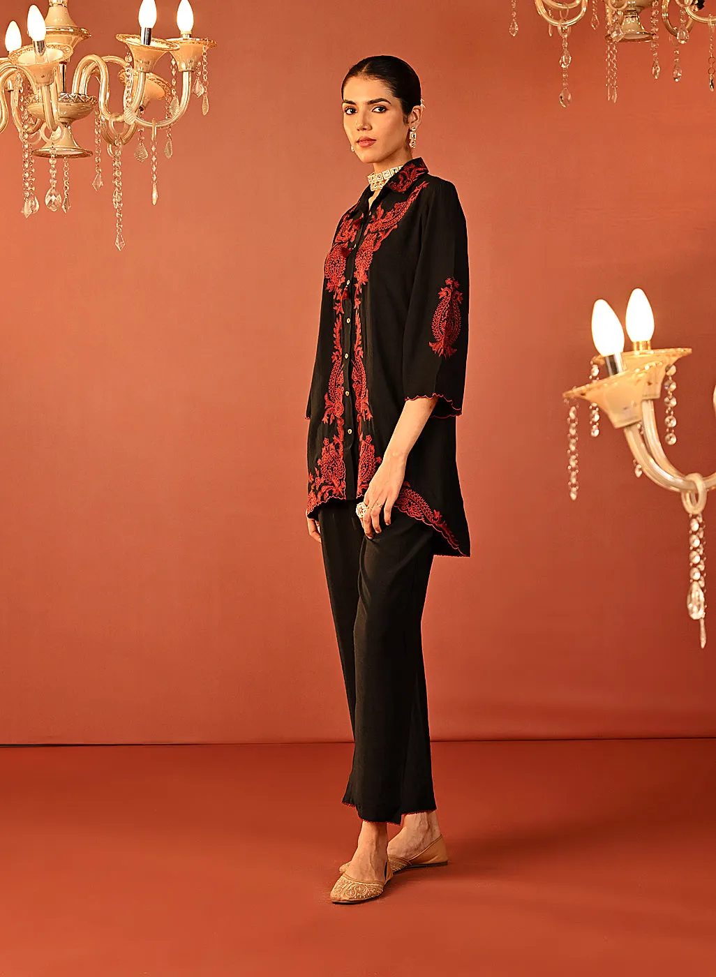 Alishay Black Embroidered Rayon Co-ord Set for Women