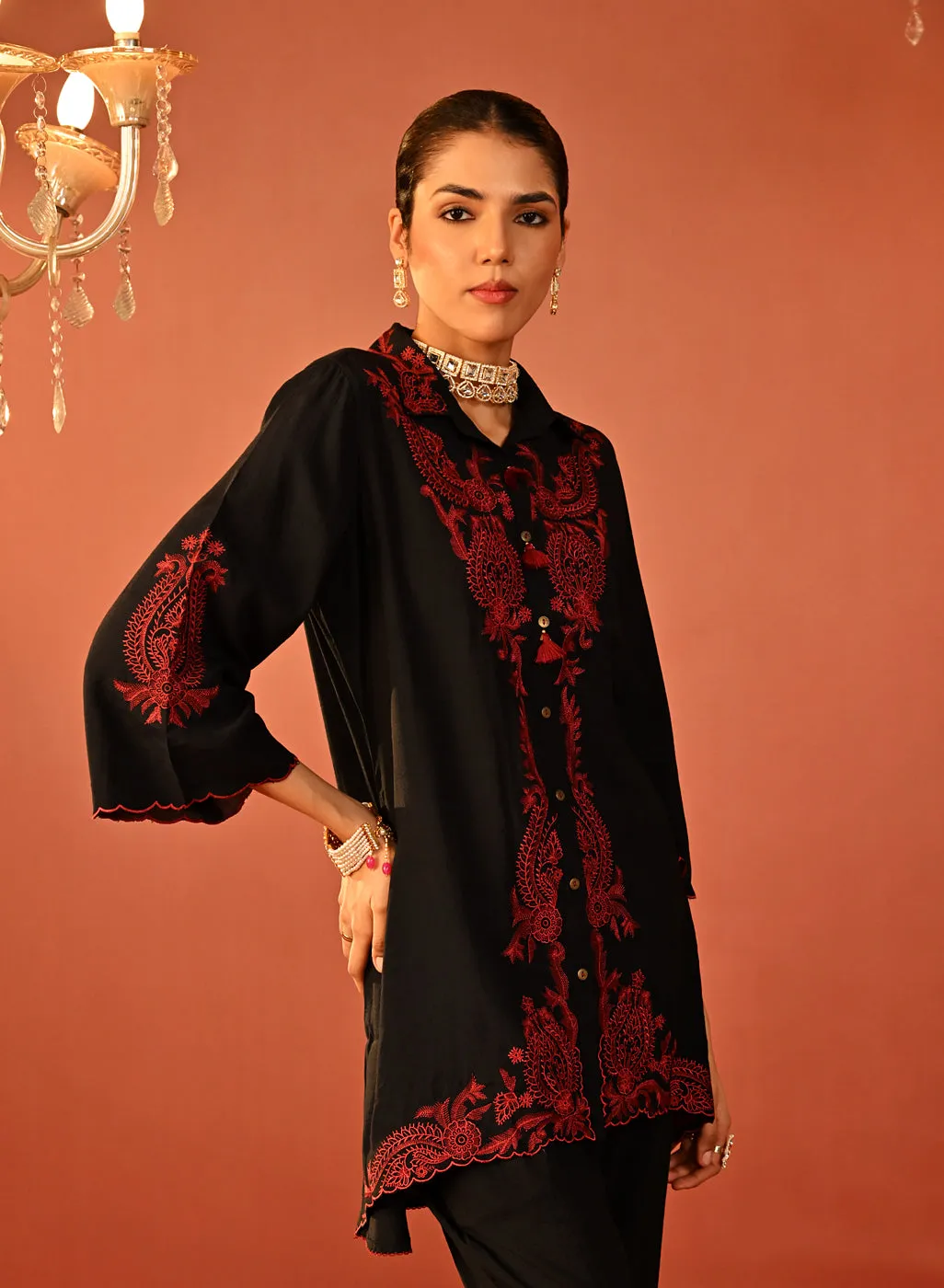 Alishay Black Embroidered Rayon Co-ord Set for Women