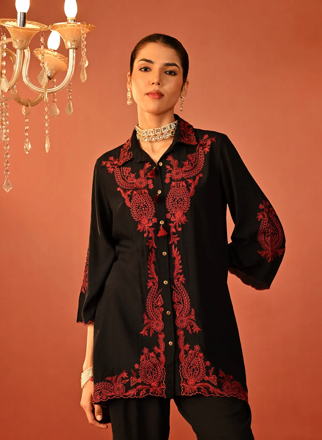 Alishay Black Embroidered Rayon Co-ord Set for Women