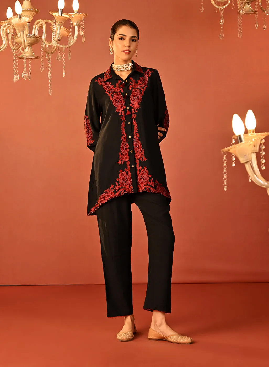 Alishay Black Embroidered Rayon Co-ord Set for Women