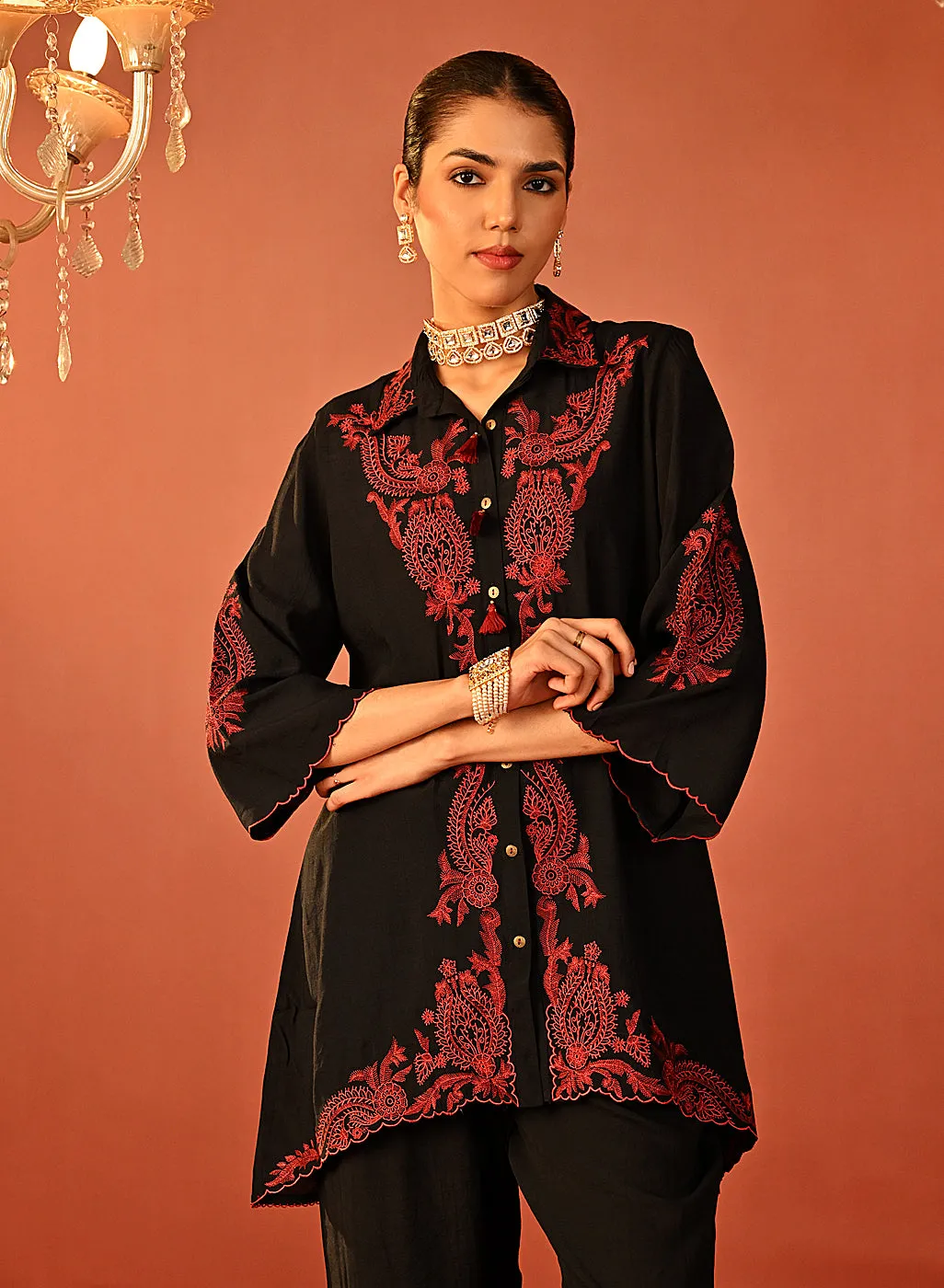 Alishay Black Embroidered Rayon Co-ord Set for Women