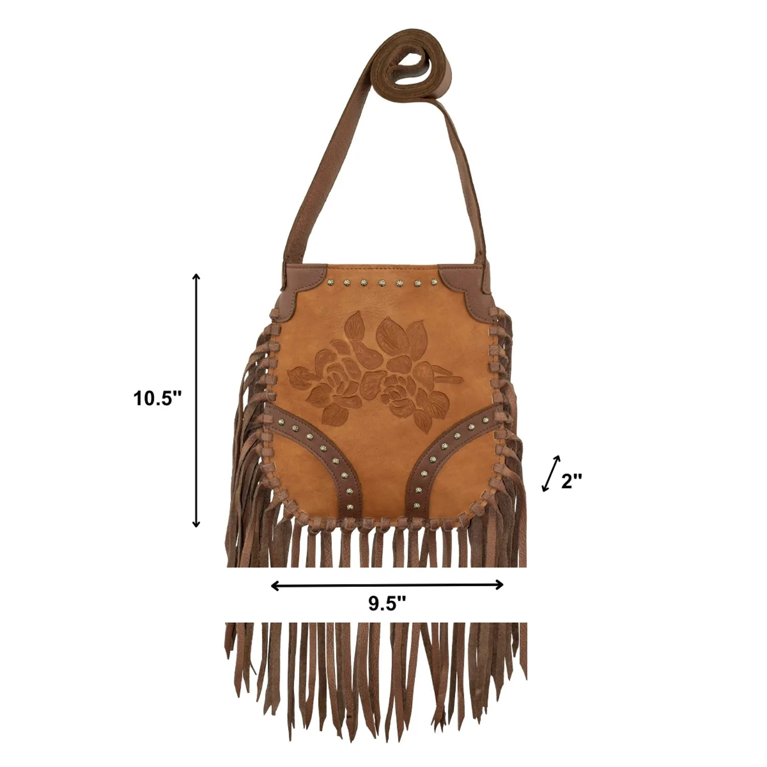 American West Womens Fringed Cowgirl Floral Natural Tan Leather Crossbody Bag