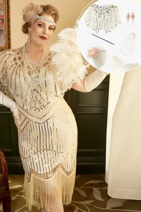 Apricot Plus Size 1920s Gatsby Dress with 20s Acessories Set