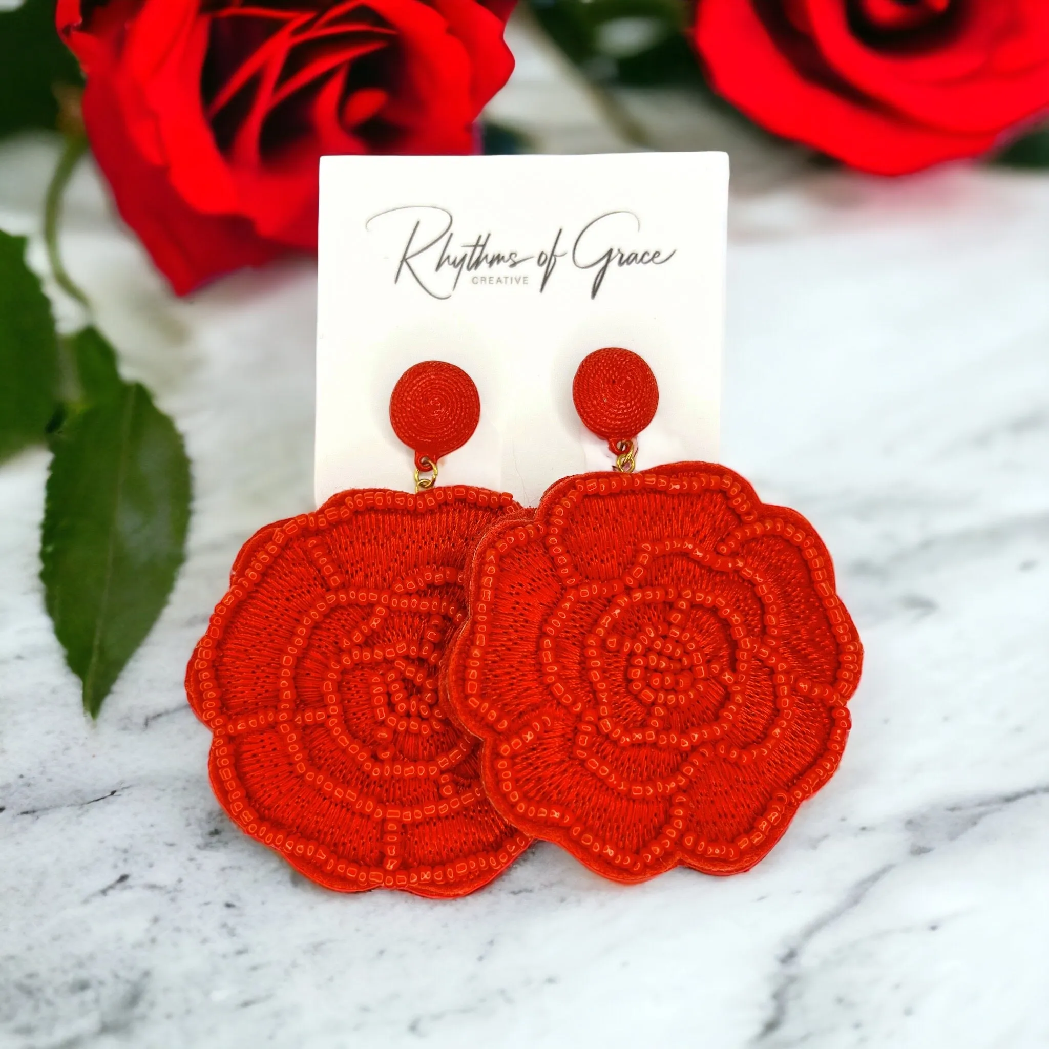 Beaded Flower Earrings - Boho Earrings, Bohemian Style, Kentucky Derby, Rose Earrings, Handmade Jewelry, Anniversary Gift