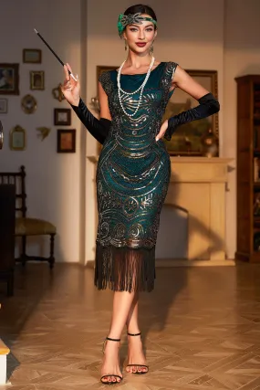 Beaded Fringed Dark Green 1920s Flapper Dress