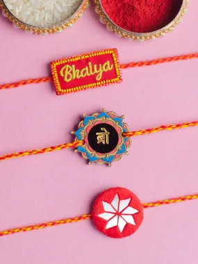 Bhaiya Embroidered   Bro   Bandhan Red Set of 3 Rakhis