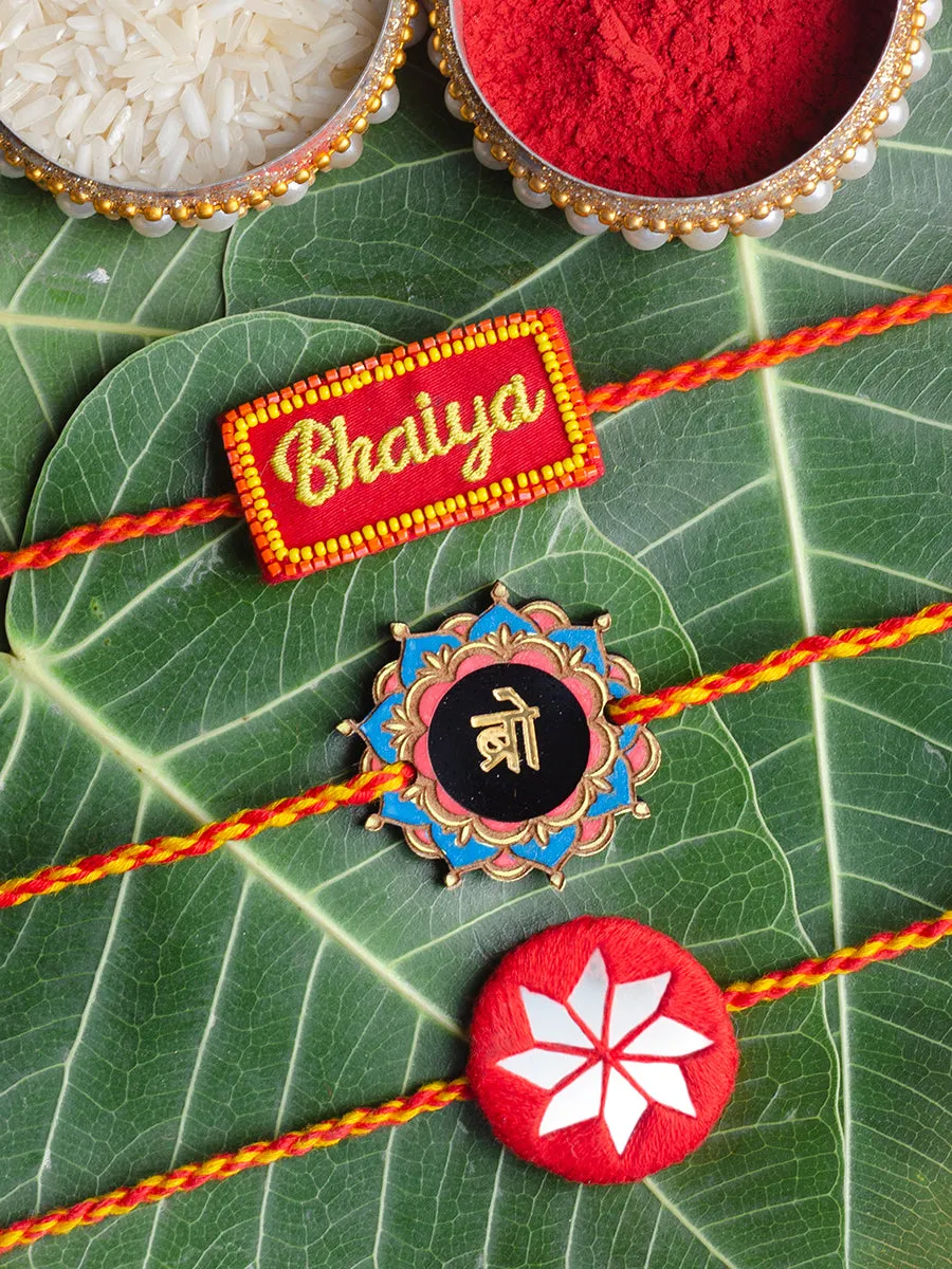 Bhaiya Embroidered   Bro   Bandhan Red Set of 3 Rakhis