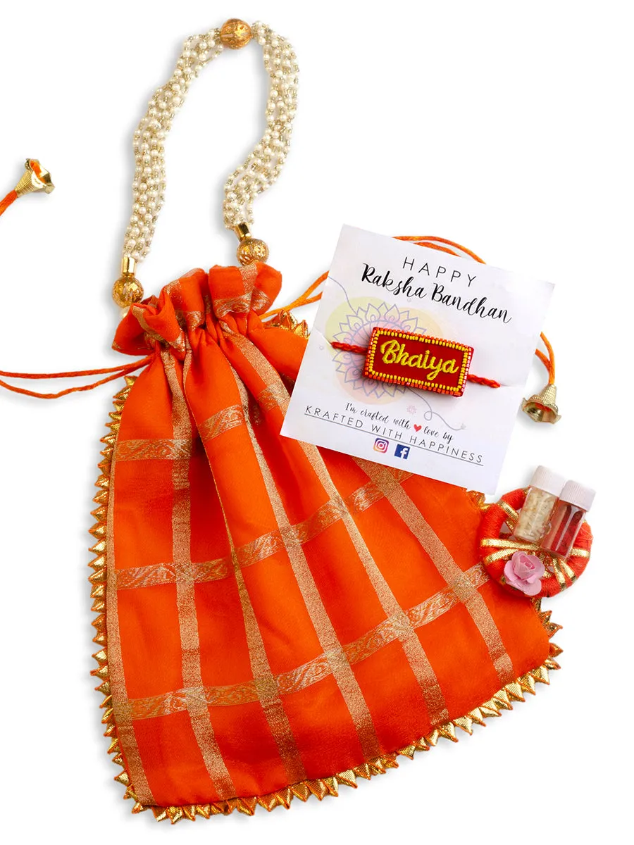 Bhaiya Embroidered Rakhi (English) (Roli Chawal   Decorative Pouch)