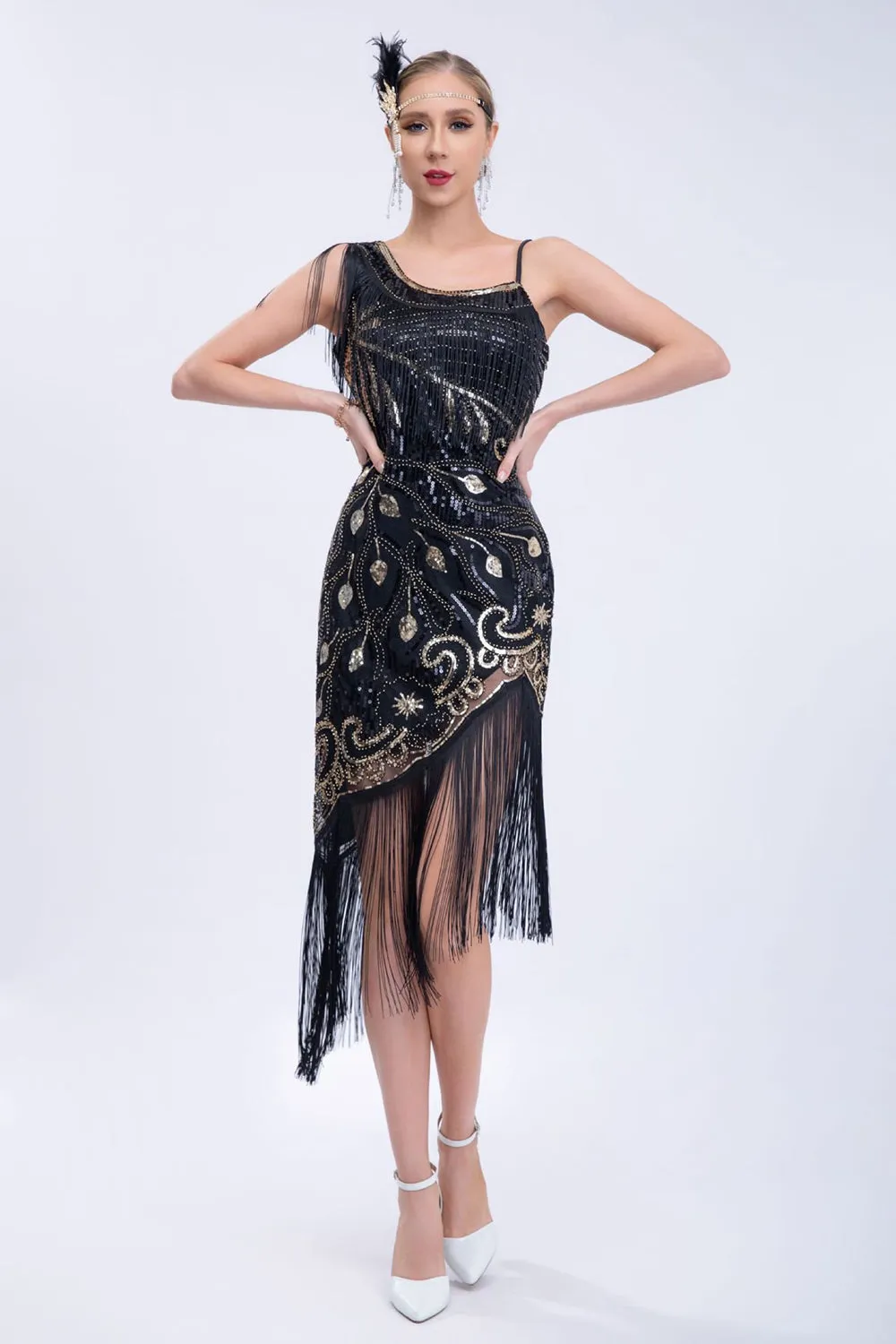 Black Beaded Roaring 20s Gatsby Fringed Flapper Dress