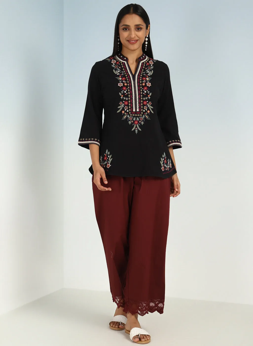 Black Boho Straight Tunic with Dense Embroidery