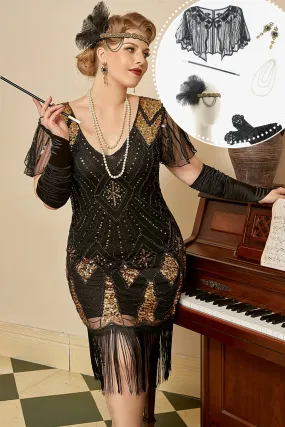 Black Golden Cap Sleeves 1920s Dress with 20s Accessories Set