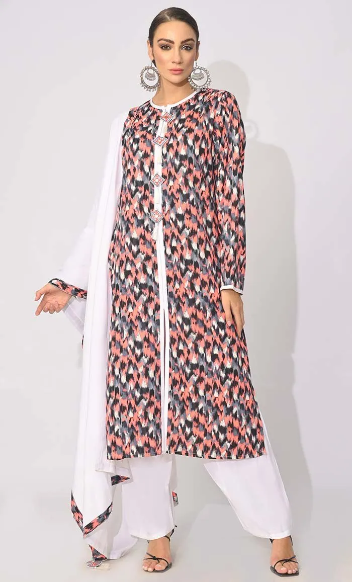 Bohemian Bliss: Printed 3Pc Multicoloured Salwar Kameez set With Dupatta and Tassels Detailing