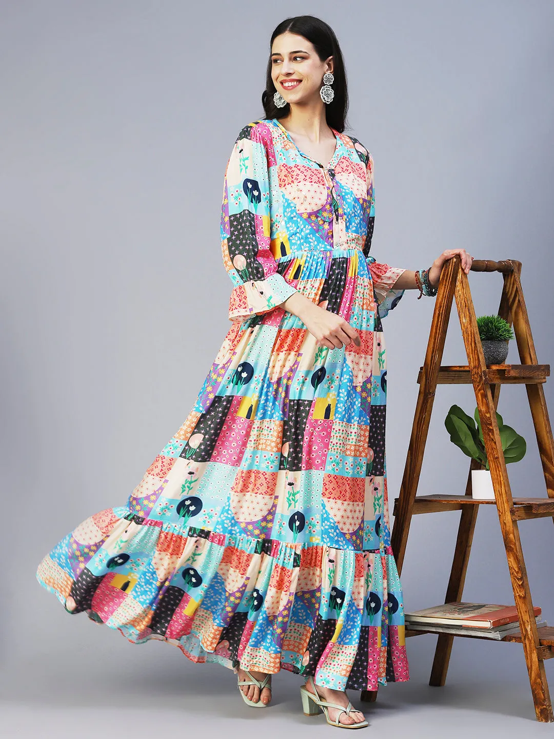 Bohemian Printed Hand Embroidered Maxi Dress - Multi