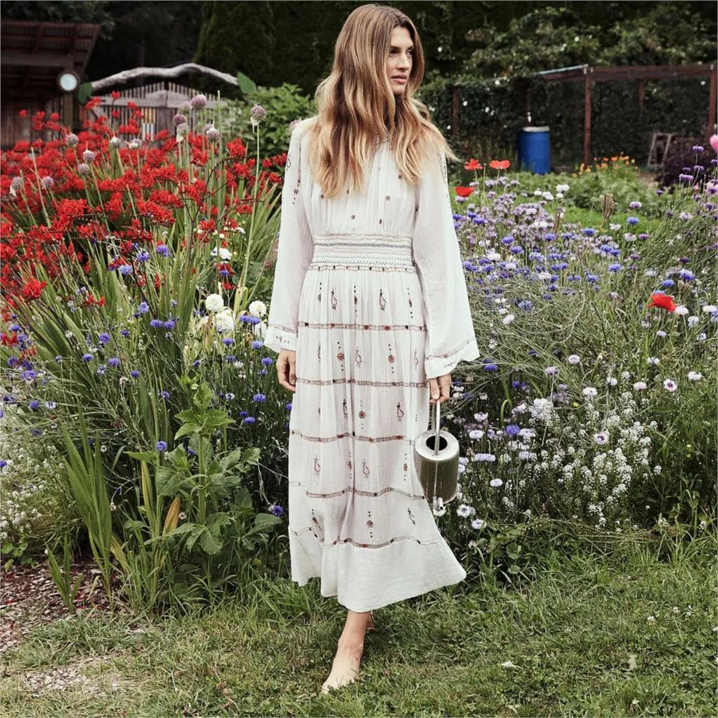 Boho Embroidered Maxi Summer Dress For Women , Bohemian Retro White Dress