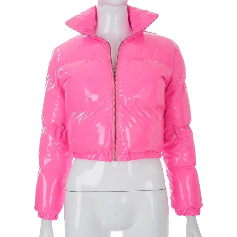 Bomblook A20666T Warm Shiny Bubble Coats Long Sleeve Solid Zipper Pocket Short Women Puffer Jacket Winter Jacket