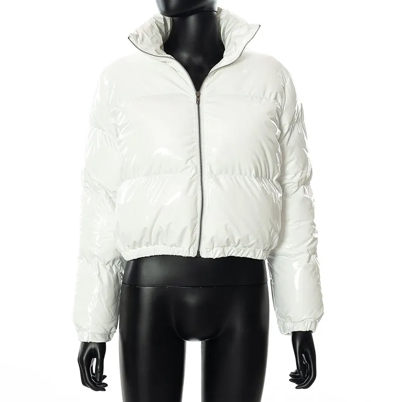 Bomblook A20666T Warm Shiny Bubble Coats Long Sleeve Solid Zipper Pocket Short Women Puffer Jacket Winter Jacket