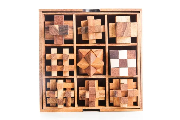 Brainteaser wood puzzle gift set of 9 mechanical puzzles in a beautiful presentation box.