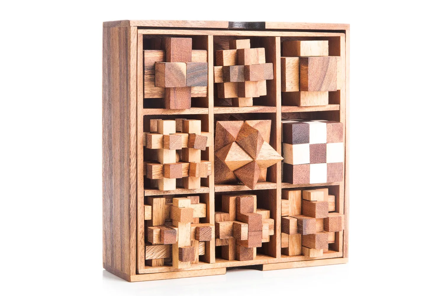 Brainteaser wood puzzle gift set of 9 mechanical puzzles in a beautiful presentation box.