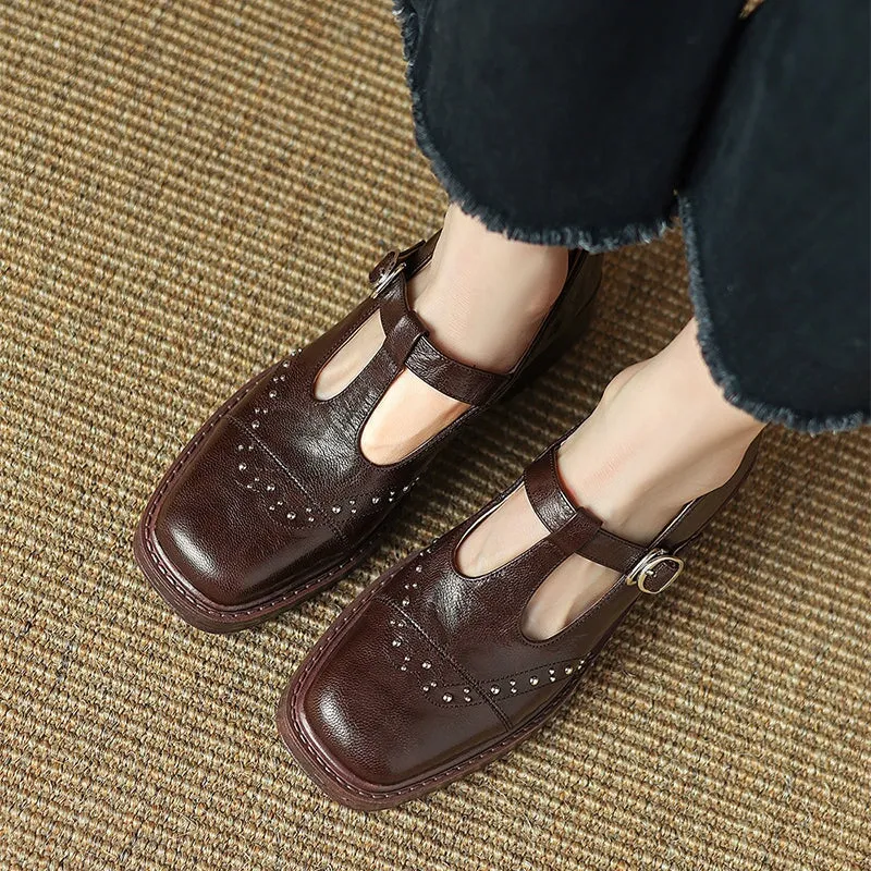 Brogue Style Sheepskin Mary Jane T-Strap Round Toe Block Heel  in Brown/Black