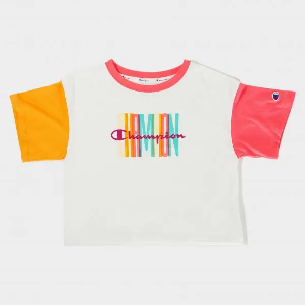 CHAMPION - Women - The Cropped Colorblocked Tee - White/Pinky Peach