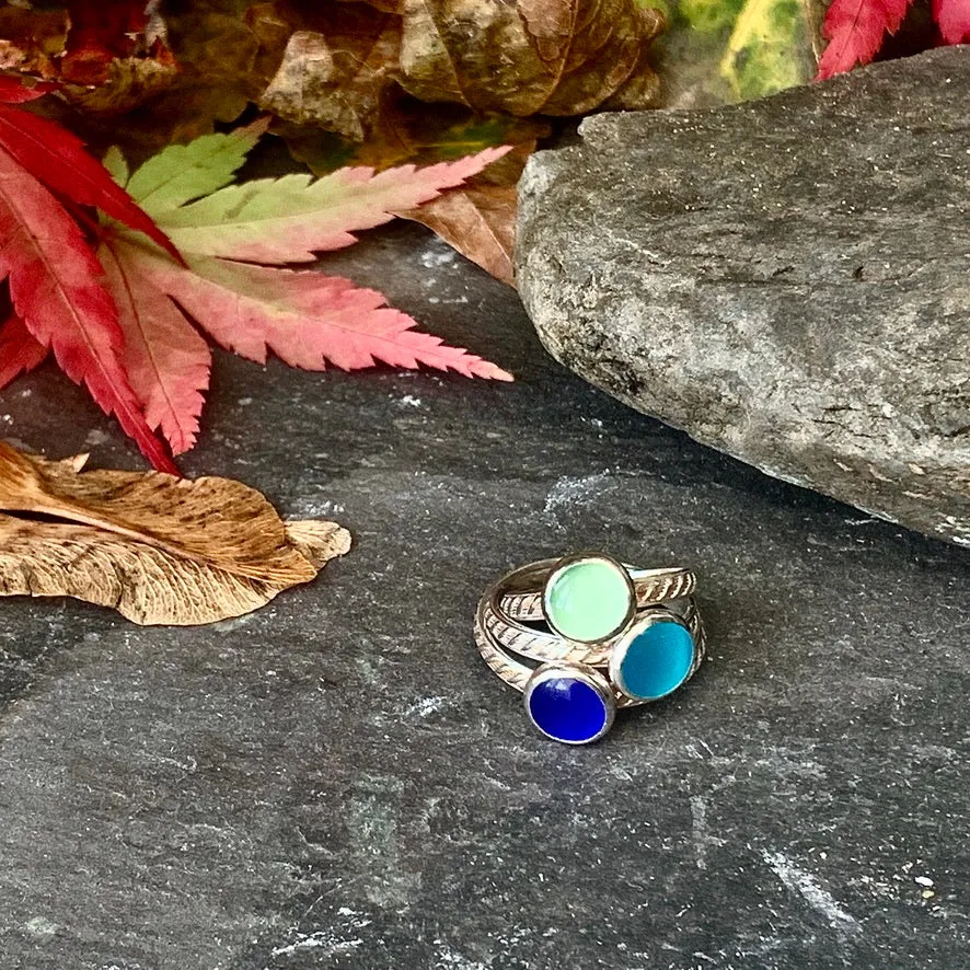 Colourful silver and cats eye stacking rings