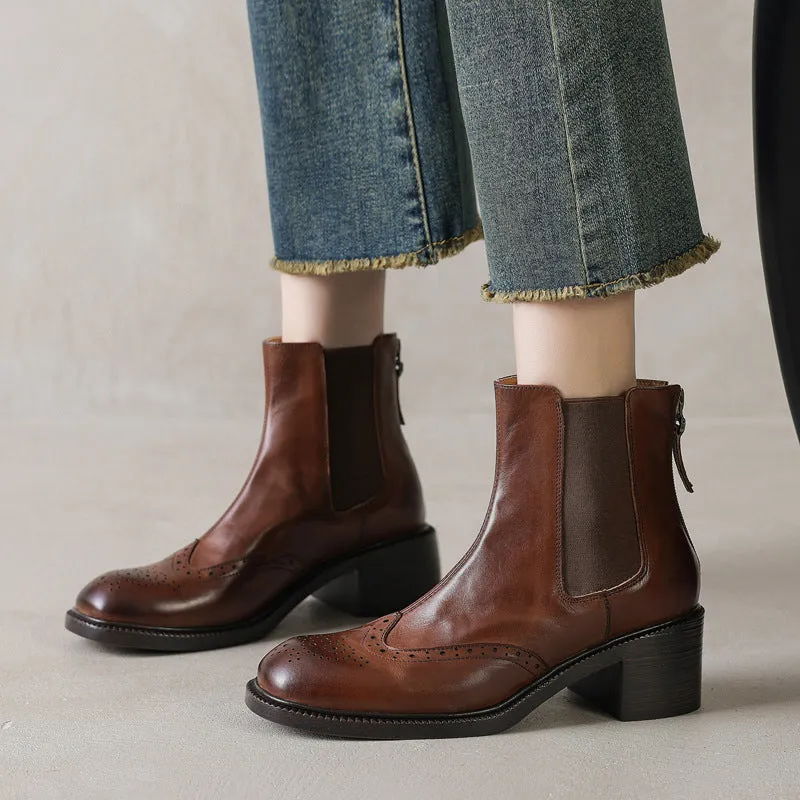 Cowhide Brogue Chelsea Boots Retro Round Toe Back Zip Ankle Boots in Black/Brown