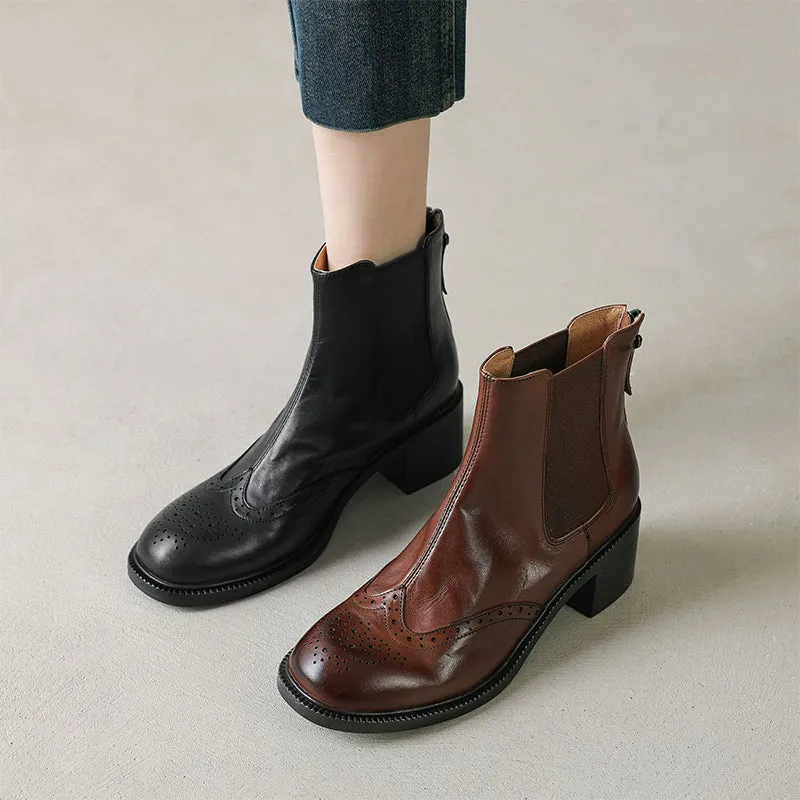 Cowhide Brogue Chelsea Boots Retro Round Toe Back Zip Ankle Boots in Black/Brown