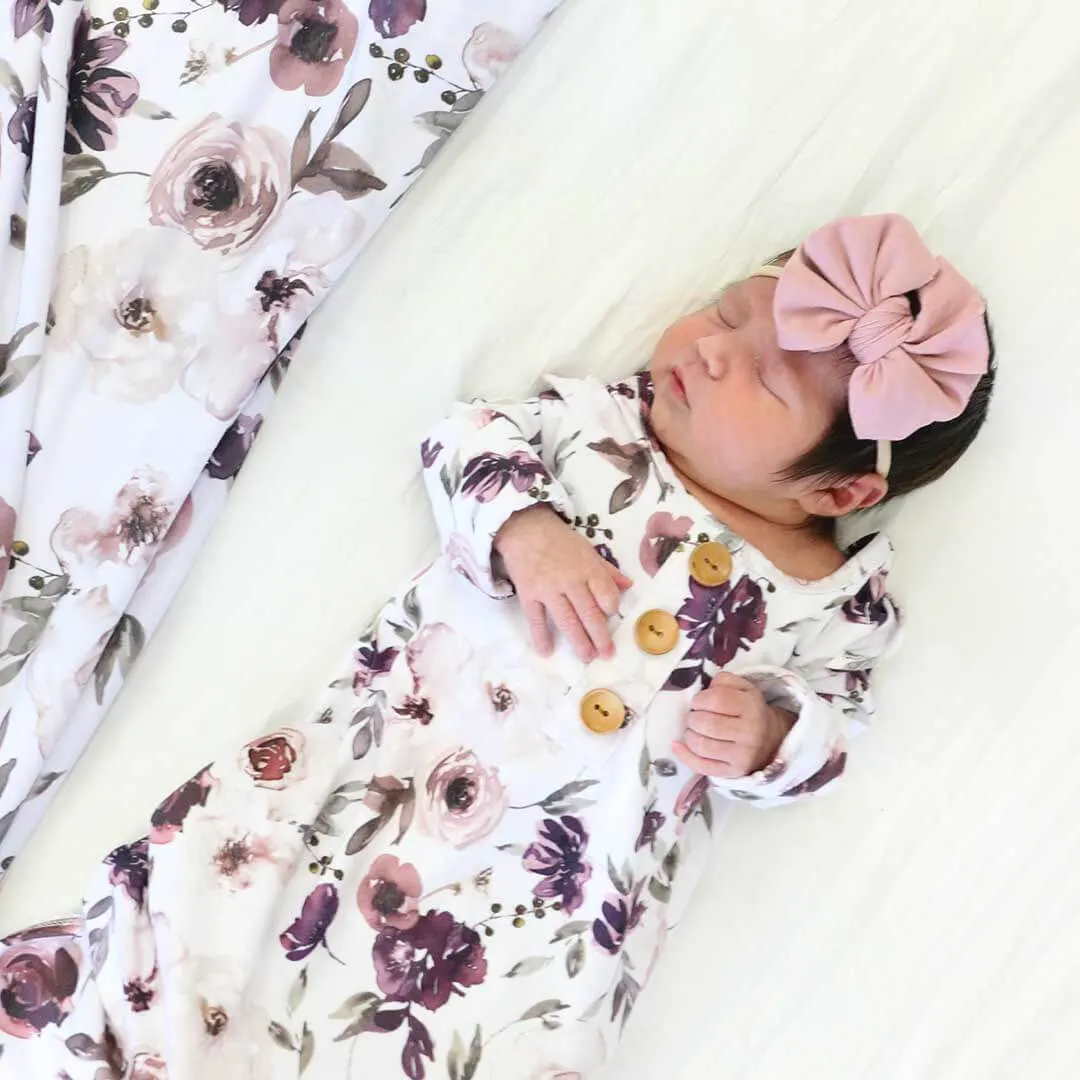 Demi's Dusty Purple Floral Newborn Baby Knot Gown & Hat Set