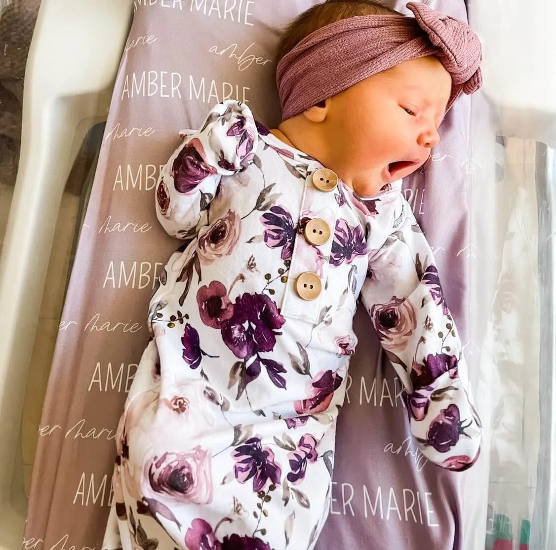 Demi's Dusty Purple Floral Newborn Baby Knot Gown & Hat Set