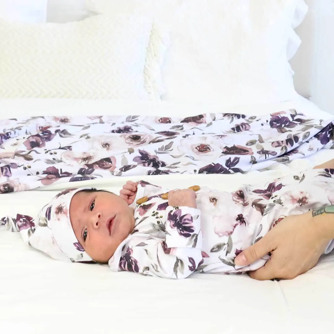 Demi's Dusty Purple Floral Newborn Baby Knot Gown & Hat Set