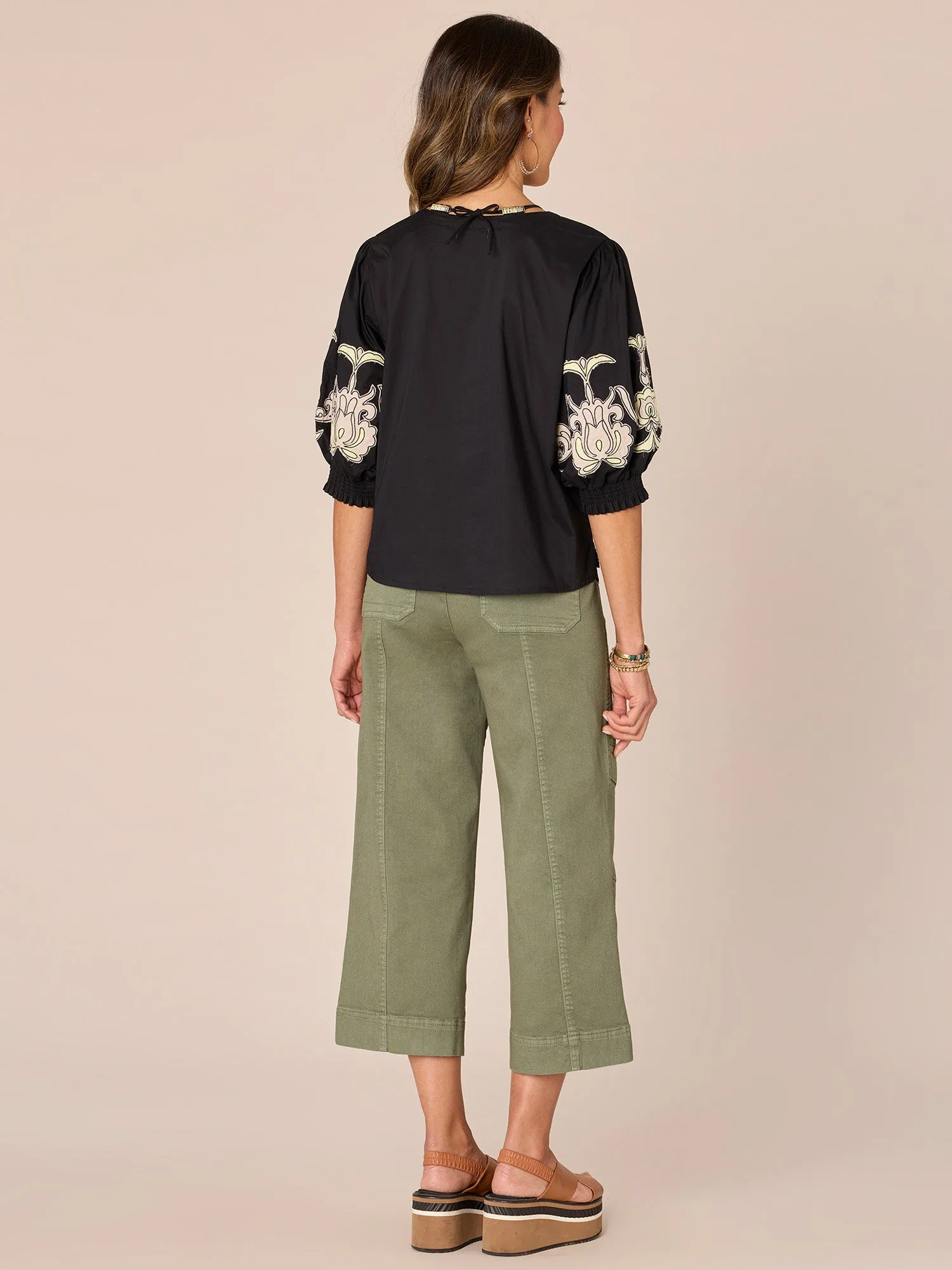 Elbow Blouson Sleeve Lace Up V-Neck Die Cut Embroidered Woven Top