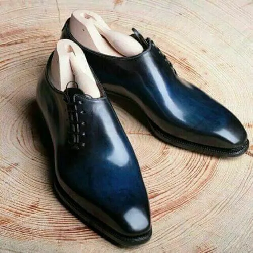 Elegant Handmade Men's Oxford Leather Blue Lace Up Shoes, Trendy Fashion Shoes